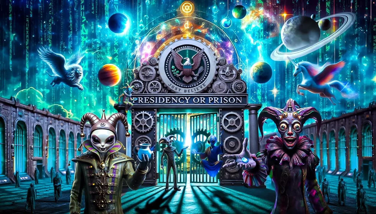 Presidency or Prison surreal portal illustration with cosmic motifs.